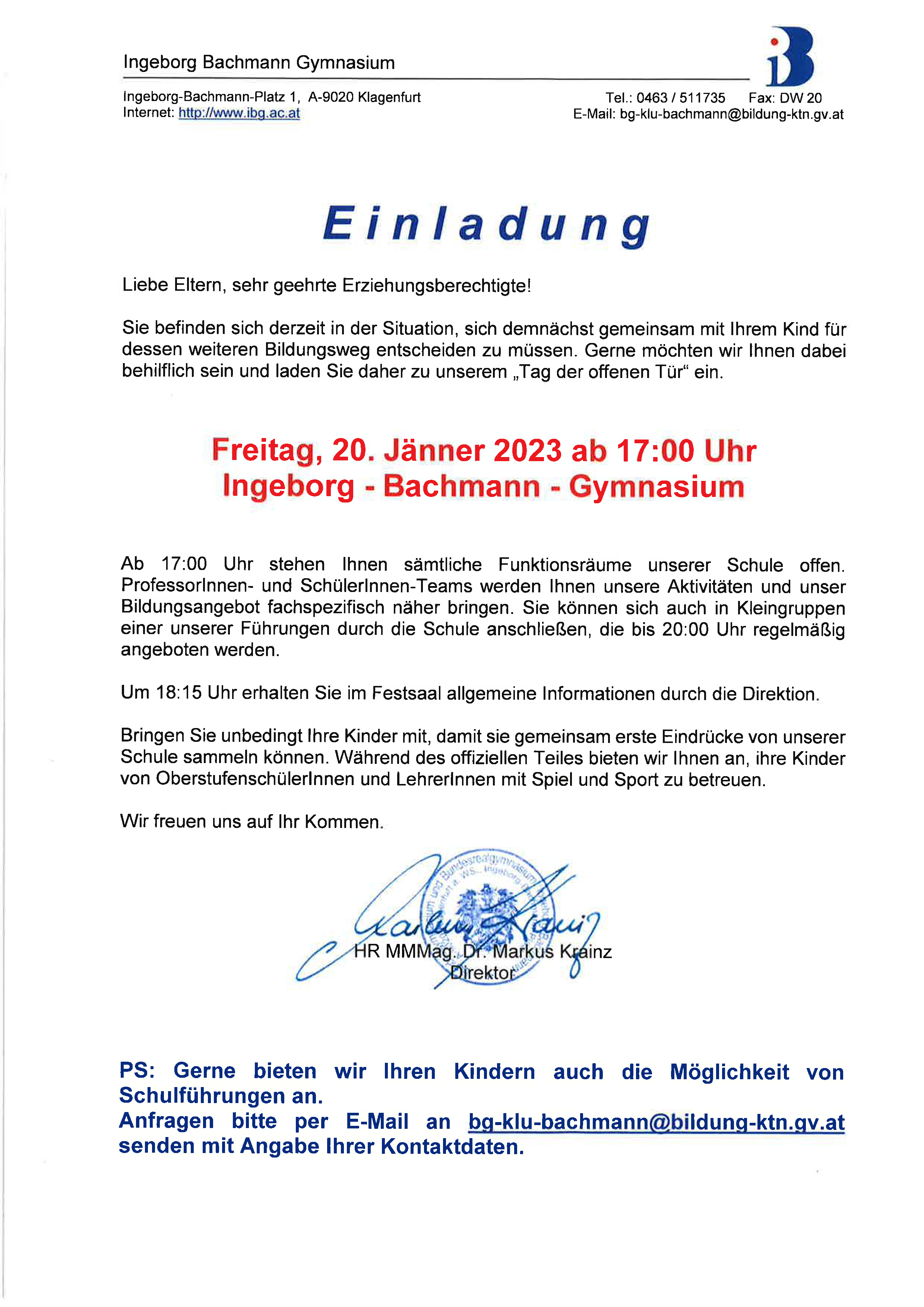 Einladung zum Tag der offenen Tür am 20.01.2023