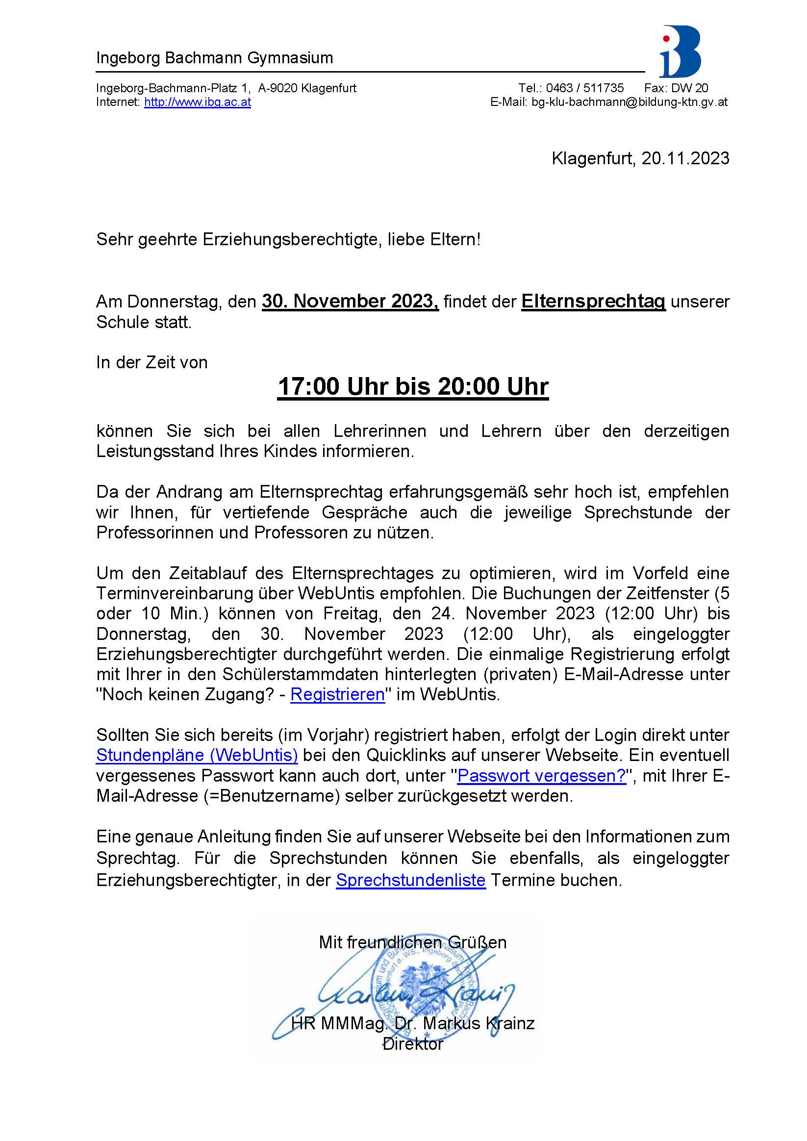 Einladung Elternsprechtag 2023